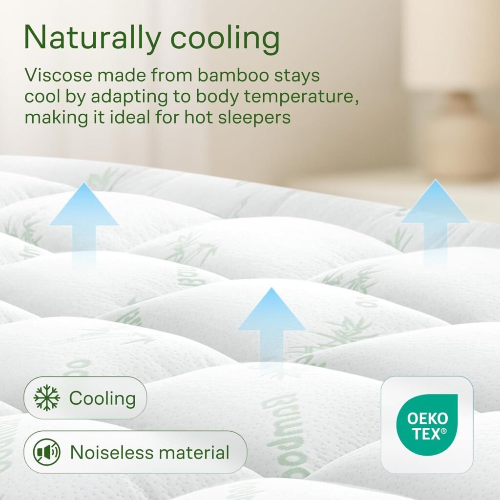 Ultra Soft Queen Size Mattress Topper – Viscose Made from Bamboo Pillow Top Mattress Pad for Back Pain Relief – Naturally Cooling for Hot Sleepers, Green