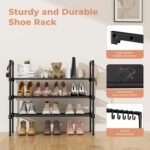 3 Tier Shoe Rack for Closet, Shoe Organizer with 5 Hooks, Long Shoe Shelf Storage for Sneaker and Boot Stackable Free Standing Shoe Rack for Entryway, Garage, Small Spaces, Dorm