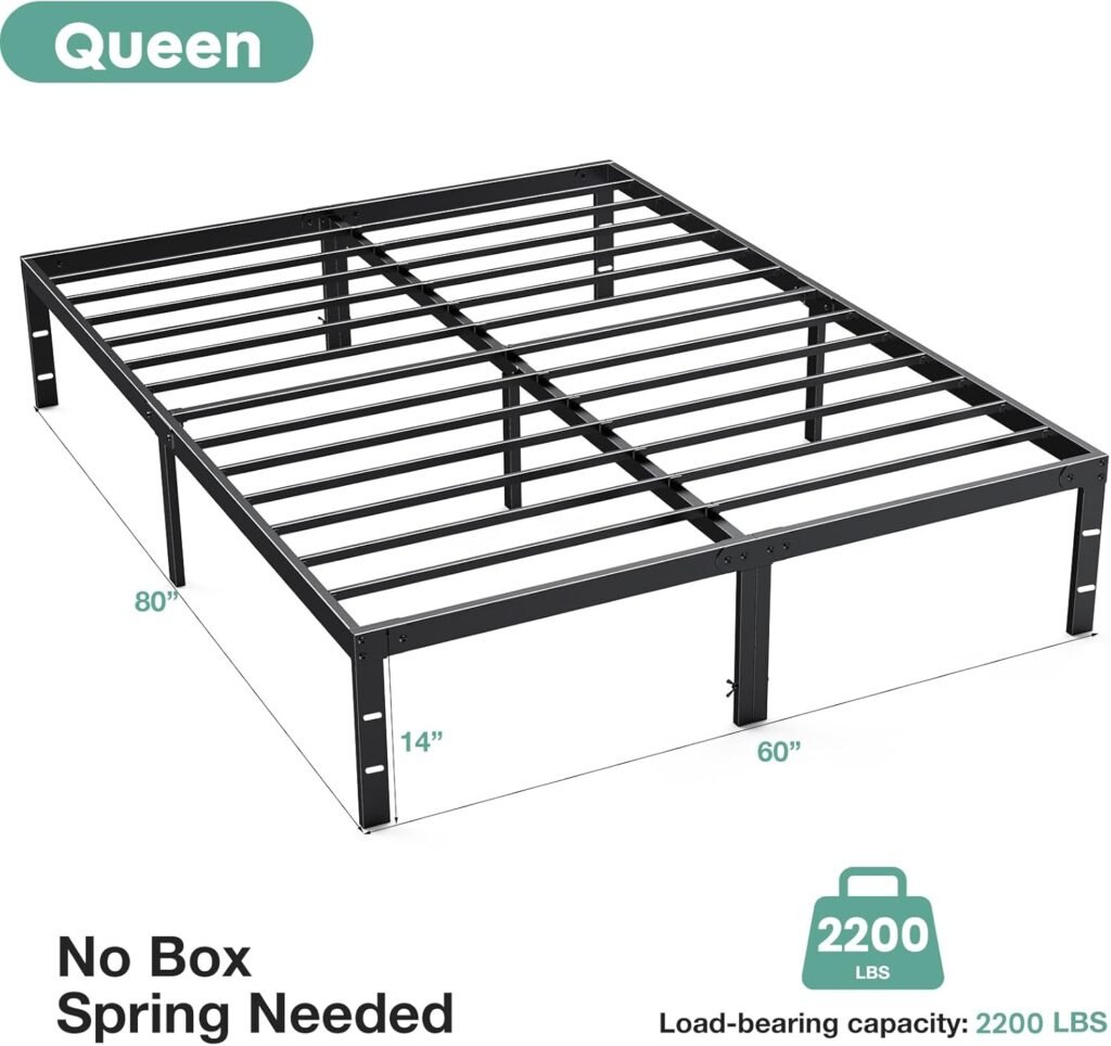 Sweetcrispy Queen Bed Frame – Heavy Duty Metal Platform Bed Frames Queen Size with Storage Space Under Frame, No Box Spring Needed, 14 Inches, Sturdy Steel Slat Support