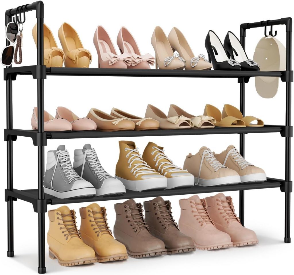 3 Tier Shoe Rack for Closet, Shoe Organizer with 5 Hooks, Long Shoe Shelf Storage for Sneaker and Boot Stackable Free Standing Shoe Rack for Entryway, Garage, Small Spaces, Dorm
