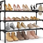 3 Tier Shoe Rack for Closet, Shoe Organizer with 5 Hooks, Long Shoe Shelf Storage for Sneaker and Boot Stackable Free Standing Shoe Rack for Entryway, Garage, Small Spaces, Dorm