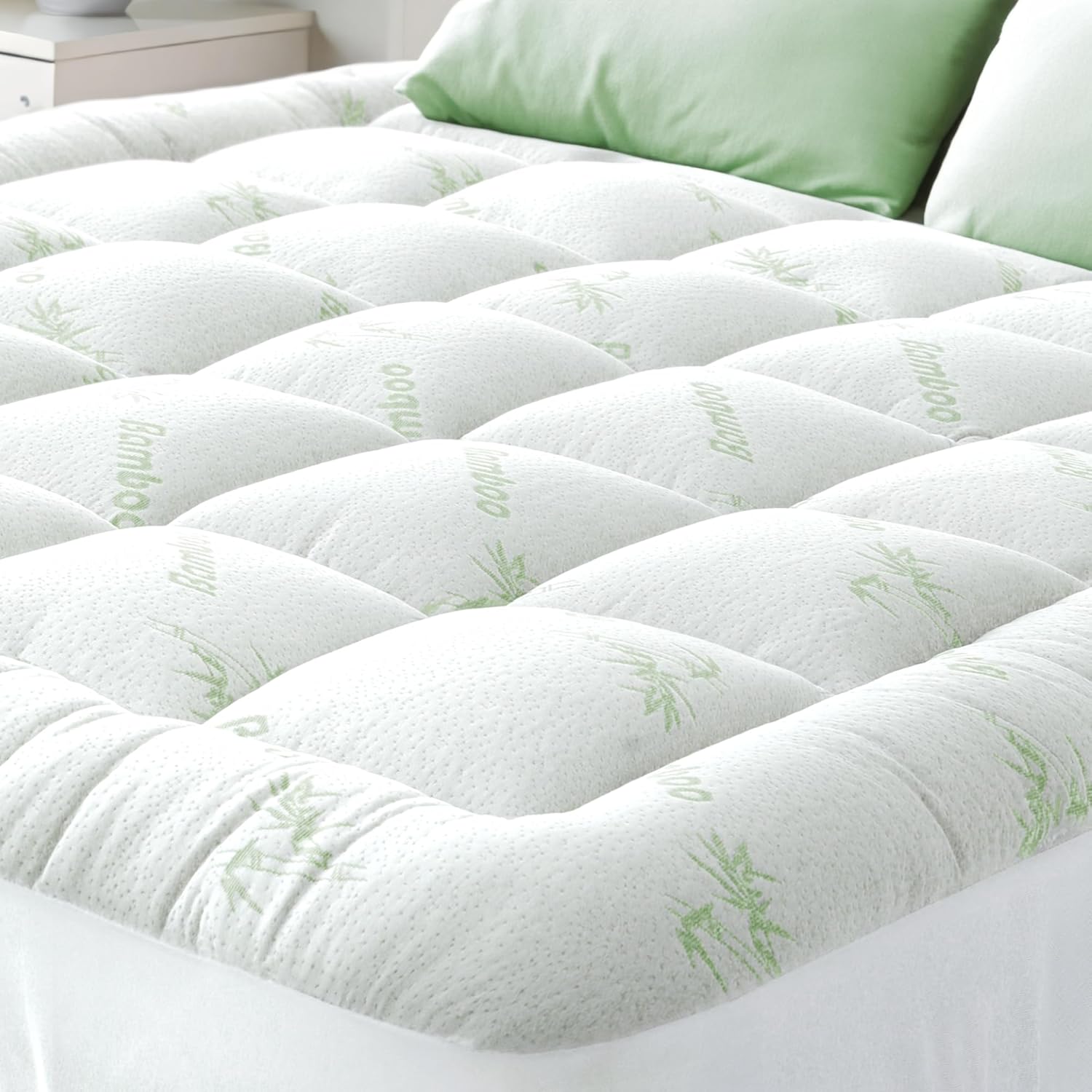Ultra Soft Queen Size Mattress Topper – Viscose Made from Bamboo Pillow Top Mattress Pad for Back Pain Relief – Naturally Cooling for Hot Sleepers, Green