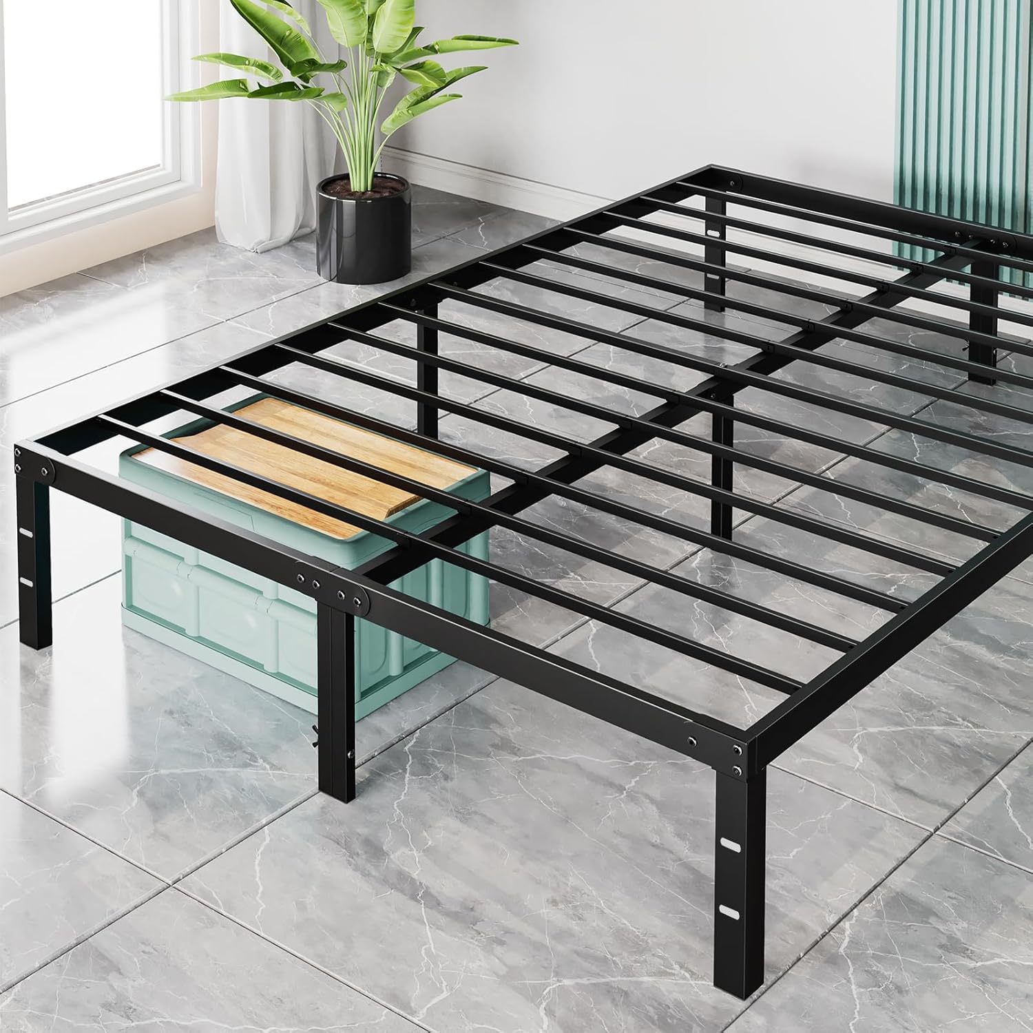Sweetcrispy Queen Bed Frame – Heavy Duty Metal Platform Bed Frames Queen Size with Storage Space Under Frame, No Box Spring Needed, 14 Inches, Sturdy Steel Slat Support
