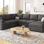 108 Inch Sectional Sleeper Sofa with Pull Out Bed,U Shaped 7 Seat Modular Sectional Sofa with Storage,Sectional Couches for Living Room,Cloud Modular Couch,Removable Sofa Cover,Dark Grey