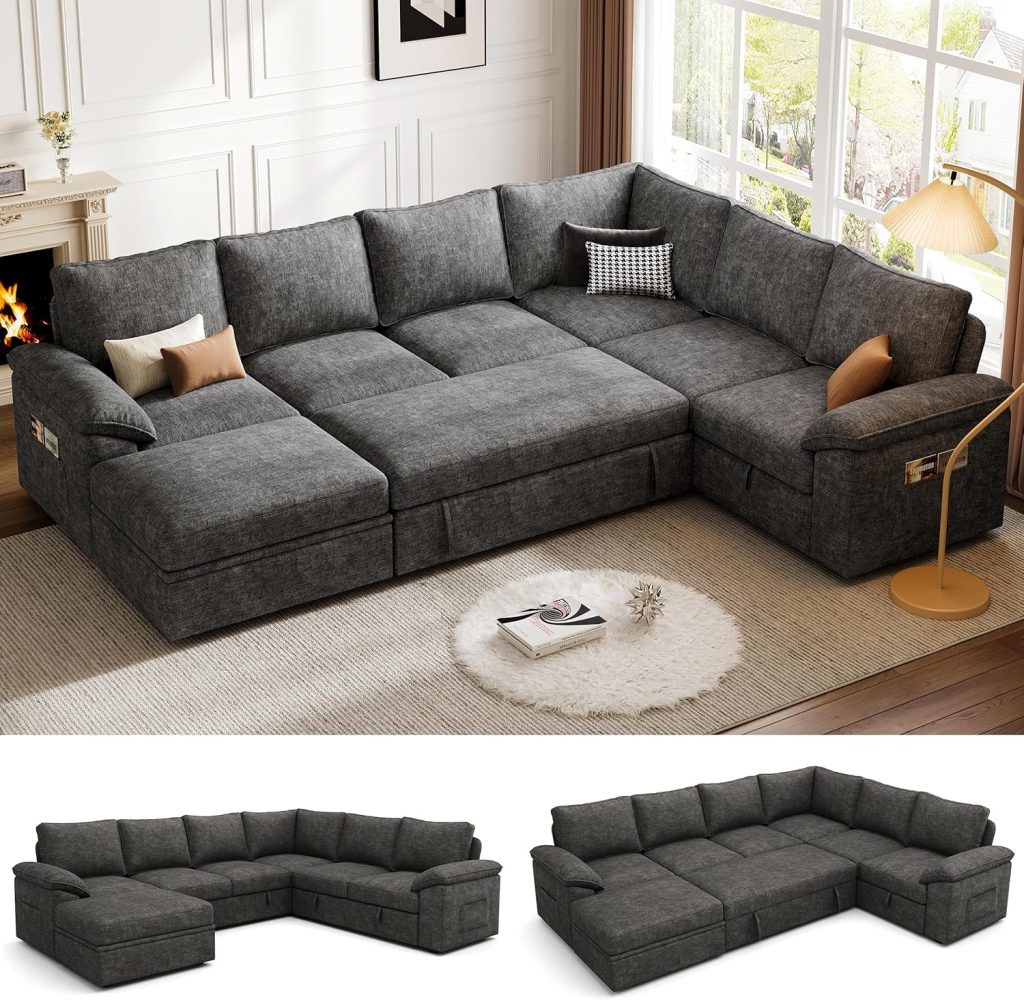 108 Inch Sectional Sleeper Sofa with Pull Out Bed,U Shaped 7 Seat Modular Sectional Sofa with Storage,Sectional Couches for Living Room,Cloud Modular Couch,Removable Sofa Cover,Dark Grey